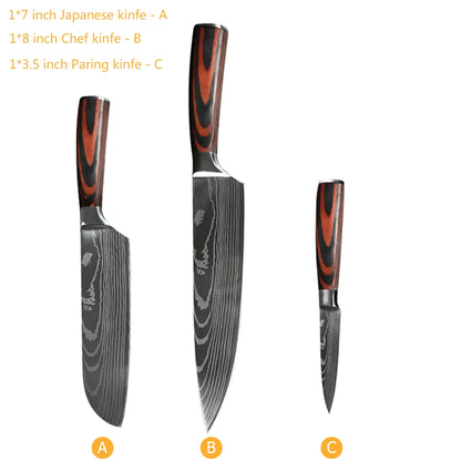 Chef Knife Set – Laser Damascus Pattern Japanese Santoku, Cleaver & Utility Knives (1-10pcs)