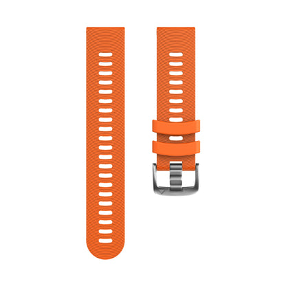 Orange watch strap with silver buckle on a white background