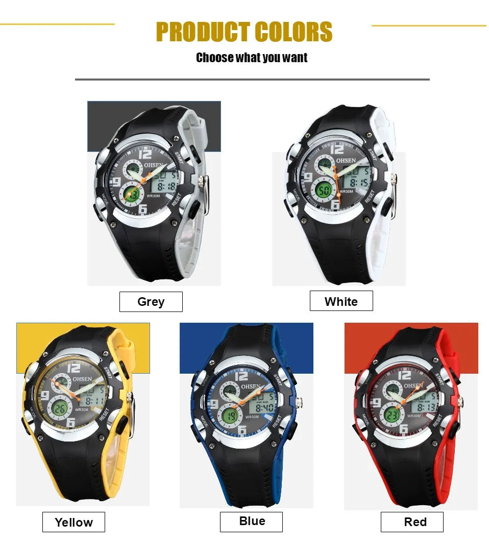 OHSEN Fashion Children Watches Digital LED Analog Watch Boys Girls Quartz Wriwatch Kids Sport Wristwatch Alarm Electronic Clocks