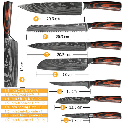 Chef Knife Set – Laser Damascus Pattern Japanese Santoku, Cleaver & Utility Knives (1-10pcs)