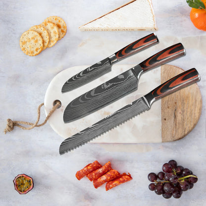 Chef Knife Set – Laser Damascus Pattern Japanese Santoku, Cleaver & Utility Knives (1-10pcs)