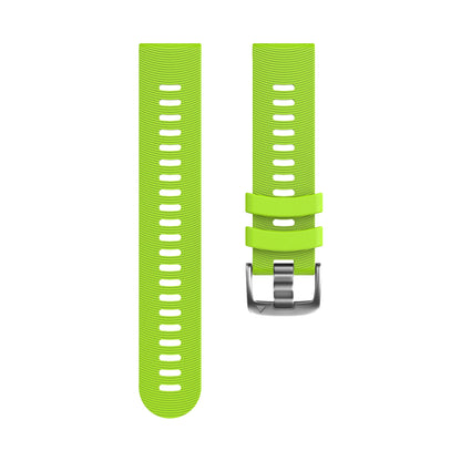 Green watch strap with silver buckle on a white background