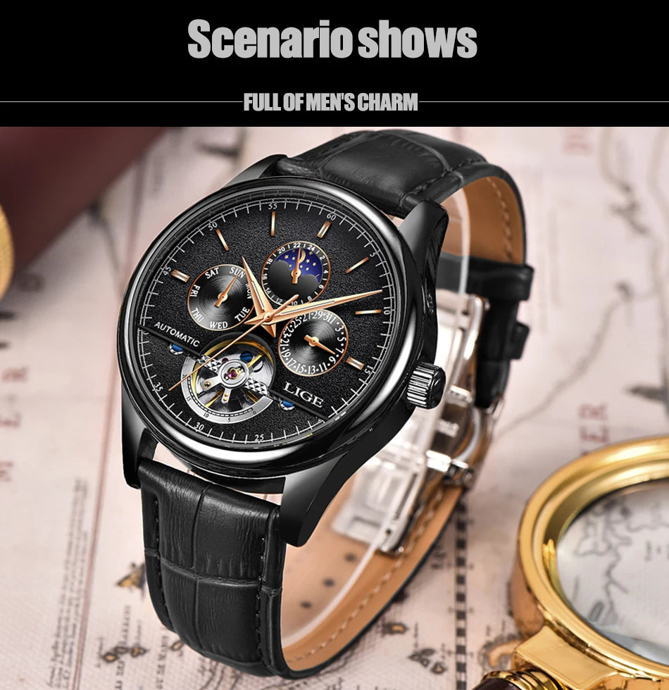 LIGE Tourbillon Automatic Mechanical Watch – 50M Waterproof, Date & Week Display