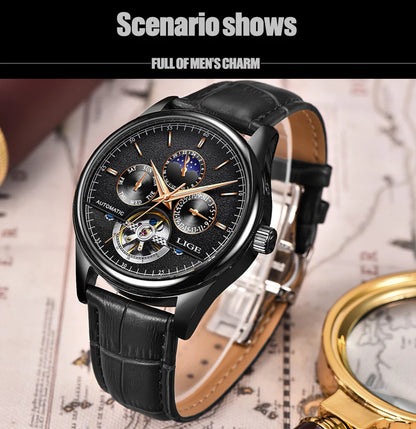 LIGE Tourbillon Automatic Mechanical Watch – 50M Waterproof, Date & Week Display