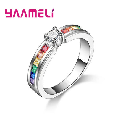 925 Sterling Silver Rainbow Cubic Zircon Ring – Engagement Jewelry for Women