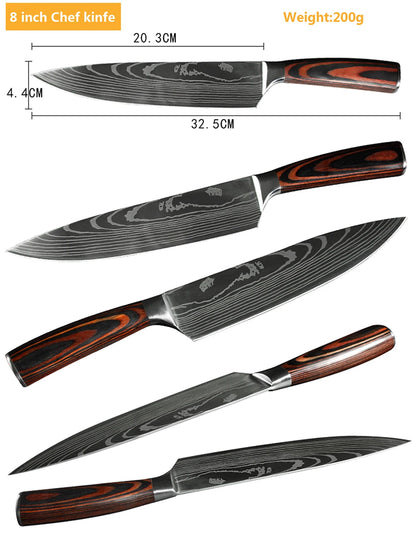Chef Knife Set – Laser Damascus Pattern Japanese Santoku, Cleaver & Utility Knives (1-10pcs)