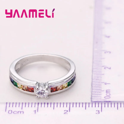 925 Sterling Silver Rainbow Cubic Zircon Ring – Engagement Jewelry for Women