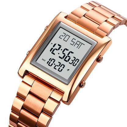 Rose gold digital watch with a white background