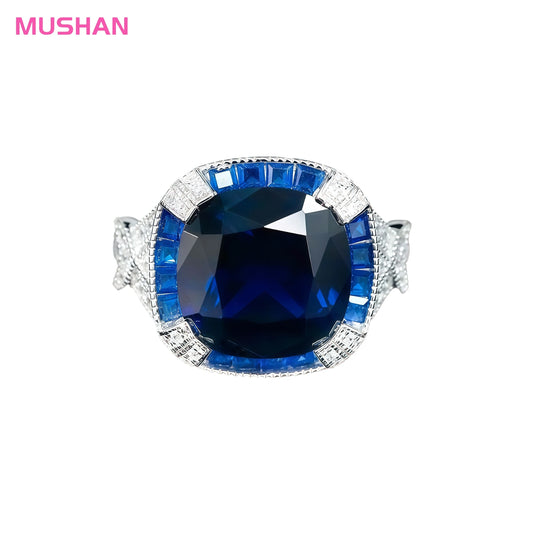 MUSHAN Jewelry Factory 925 Sterling Silver Party Ring High Carbon Diamond with Lab Grown Gemstones Blue Spinel Rings for Women