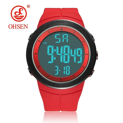 Red digital watch with black border on a white background, featuring the OHSEN brand.
