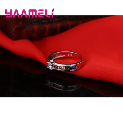 925 Sterling Silver Rainbow Cubic Zircon Ring – Engagement Jewelry for Women
