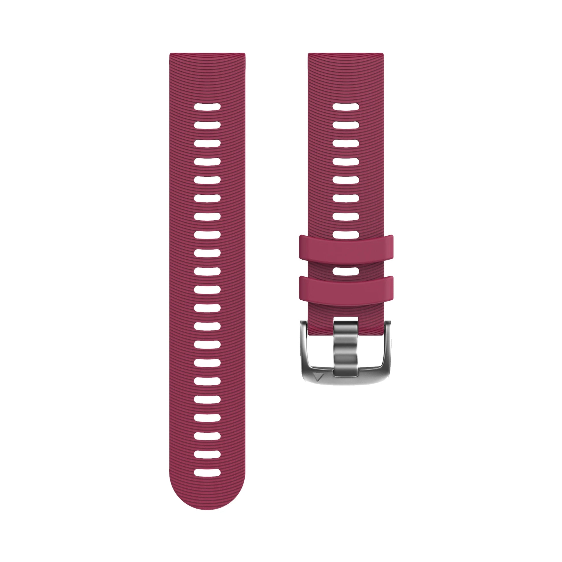 Pink watch strap with silver buckle on a white background