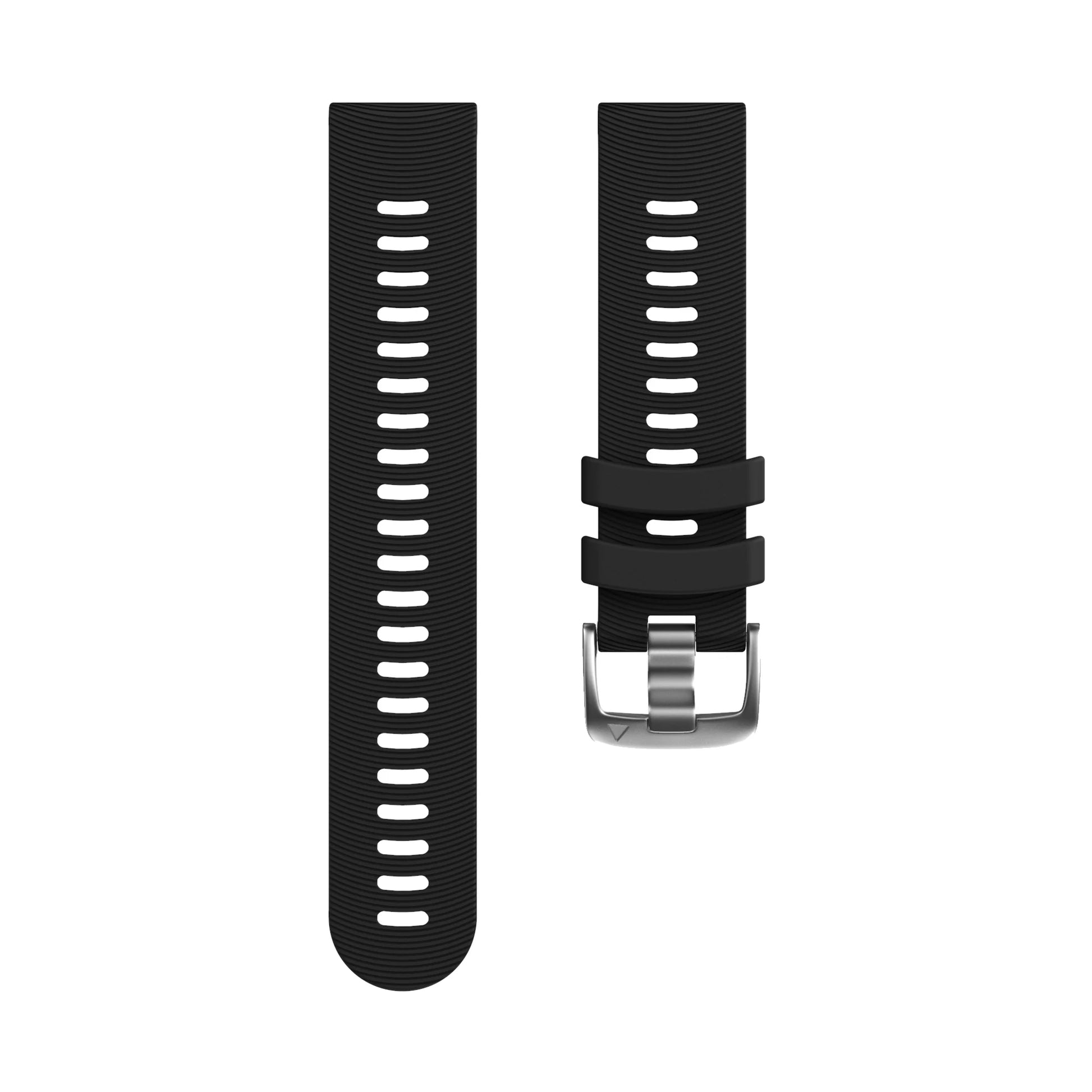 Black watch strap with metal buckle on a white background