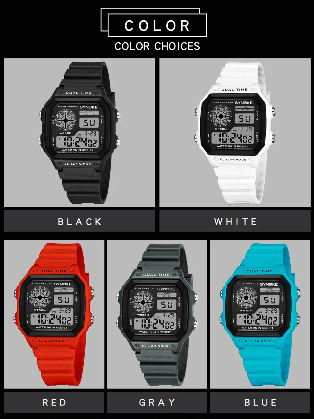 Digital watches in black, white, red, gray, and blue on a gray background with 'Color Choices' text.