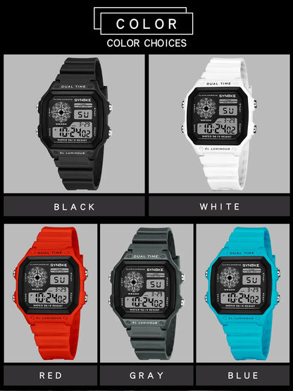 Digital watches in black, white, red, gray, and blue on a gray background with 'Color Choices' text.