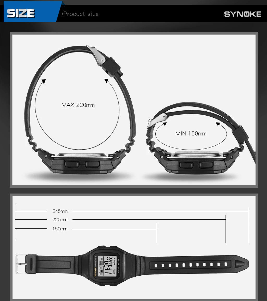 Men Digital Sports Watches, LED Display Timer 12/24 hours Digital Electronic Wristwatch Waterproof Clock