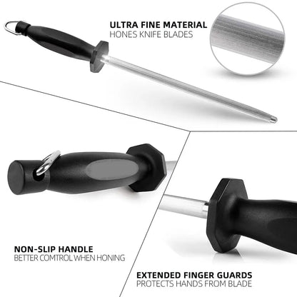 Honing Steel Knife Sharpener Rod – Professional 8/10-Inch Sharpening Stick