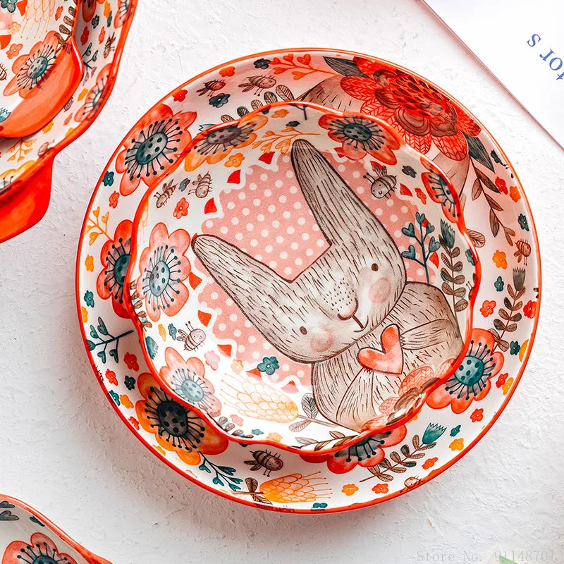 1pc/cute rabbit hand-painted bowl and plate underglaze ceramic household soup bowl commercial hotel noodle bowl fruit salad bowl