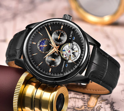 LIGE Tourbillon Automatic Mechanical Watch – 50M Waterproof, Date & Week Display