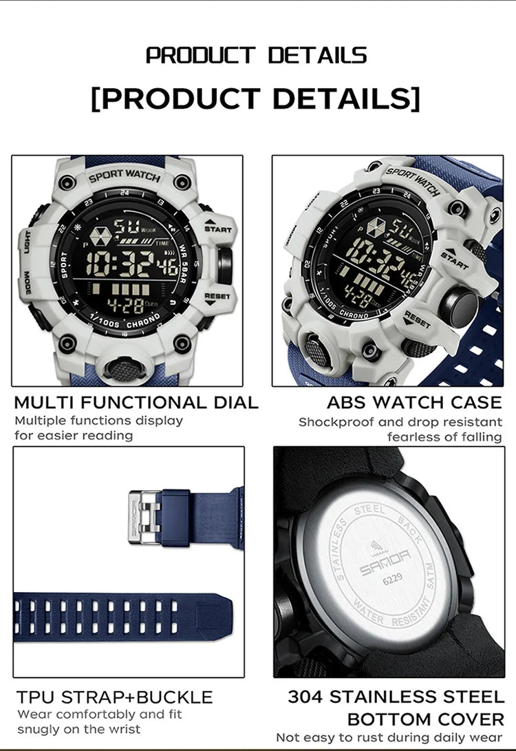 SANDA 6229 Digital Watches for Men Waterproof Luminous Outdoor Sports Watch Fashion Clock Simple Multifunction Male Wristwatch - BeeTrendyShop.COM