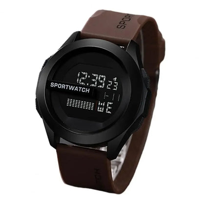 Digital sports watch with a brown strap on a white background
