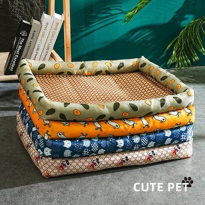 Stack of colorful pet beds with cartoon designs on a gray surface, branded 'Cute Pet'.