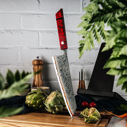 Grandsharp 55-Layer Copper Damascus Kiritsuke Knife – 8-Inch Red Resin & Carbon Fiber Handle