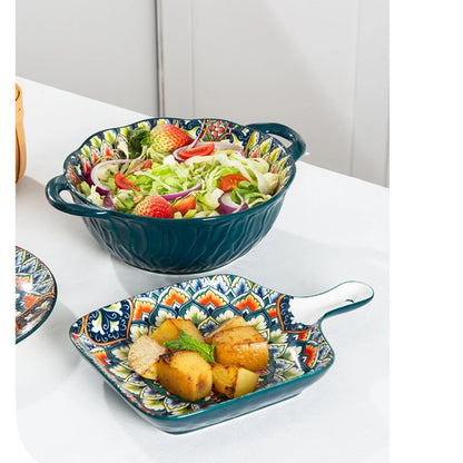 Bohemian Retro Ceramic Dinner Plate Set – Household Tableware with Salad & Soup Bowls