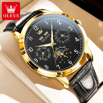 Gold-framed watch with black face and leather strap on a beige cushion, featuring OLEVS branding.