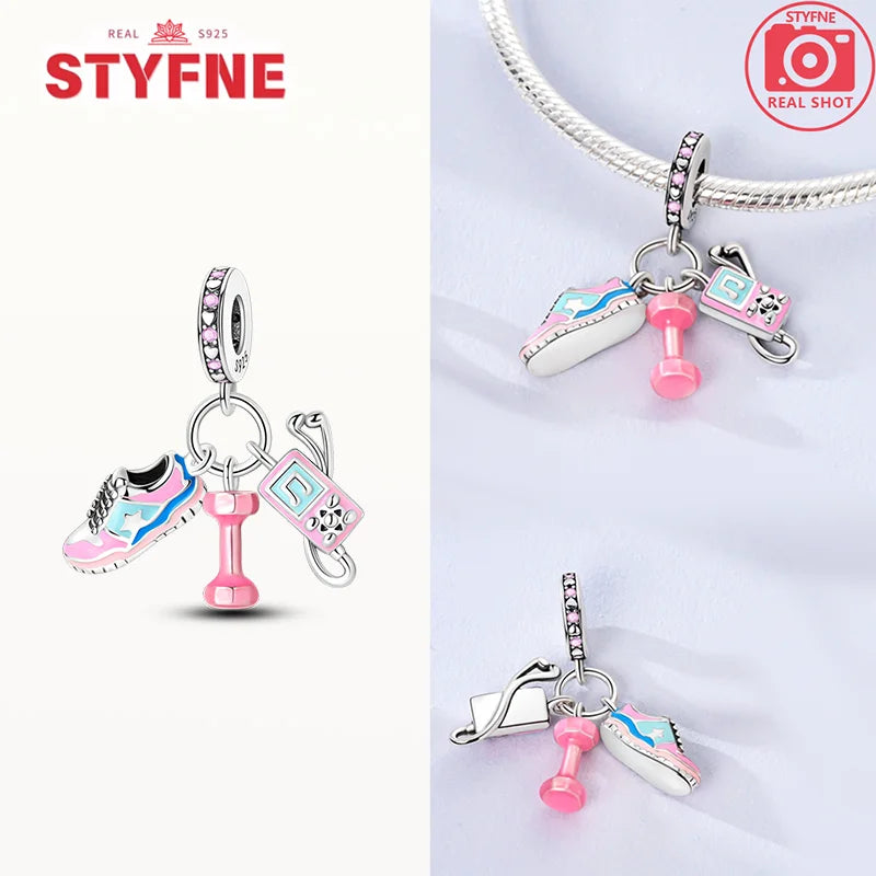 925 Silver Rose Pink Flower Shiny  Zircon Charm Beads For Original Charms Original Bracelet for Women DIY fine Jewelry Gift