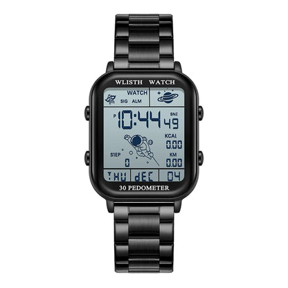Black digital watch with metal strap on a white background
