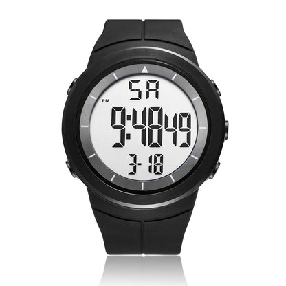 Black digital watch with a white screen on a white background