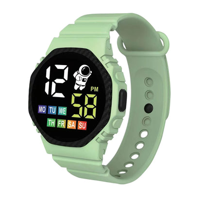 Digital watch with a light green band on a white background