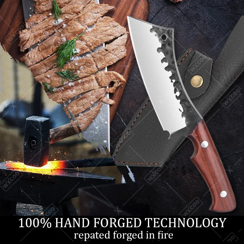 WXCOO Hand Forged Butcher Knife – High Carbon Steel BBQ & Meat Cutting Chef Knife