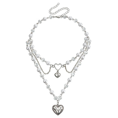 Y2K Heart Pendant Multilayer Choker Necklace – Glass & Zinc Alloy Women’s Jewelry