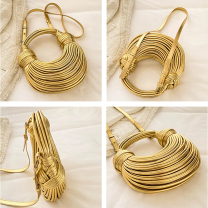 Handbags for Women 2025 New Gold Luxury Designer Brand Handwoven Noodle Bags Rope Knotted Pulled Hobo Silver Evening Clutch Chic - BeeTrendyShop.COM