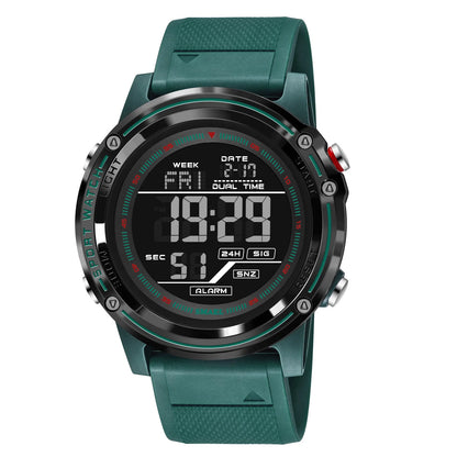 Green digital watch with a black display on a white background