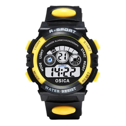 Digital watch with black and yellow design on a white background
