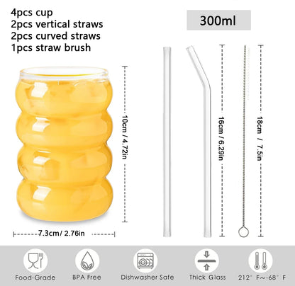 Ribbed Glassware Cups with Straws Set – Cocktail Fruit Coffee Mug Clear Glass