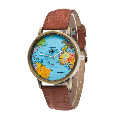 Fashion Global World Map Plane Denim Fabric Band Watch Casual Men Women Wristwatches Quartz Watch Gift Horloges Relógio - BeeTrendyShop.COM