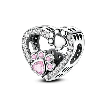 925 Sterling Silver Dog Paw Heart Zircon Charm – Pink Pet DIY Jewelry