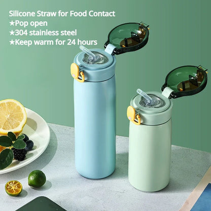 Kids Cartoon Thermos Mug with Straw – Stainless Steel Cute Thermal Water Bottle