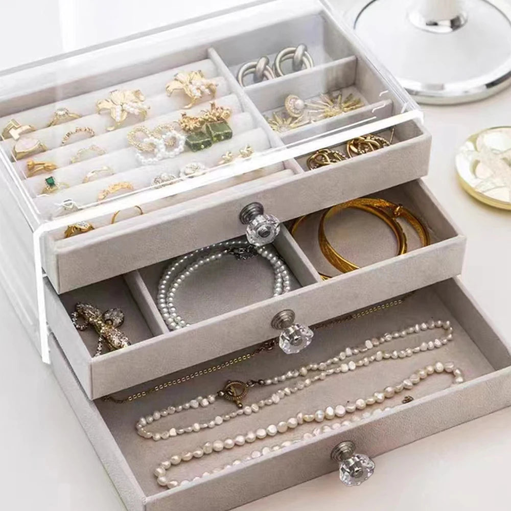 3-Layer Flannel Jewelry Box with Drawers – Earrings, Necklaces & Rings Organizer