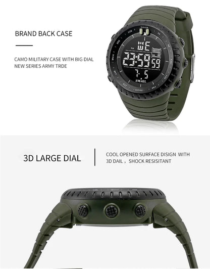 Men's Digital Military Sport Watch – Waterproof, Big Dial, Tactical Black, Stopwatch