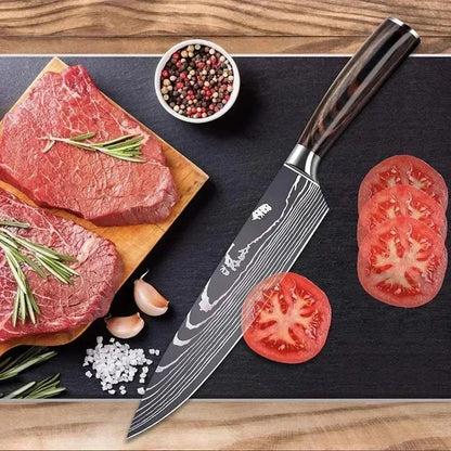 Laser Damascus Kitchen Knife Set – Cleaver, Santoku, Bread, Boning & Kitchen Scissors