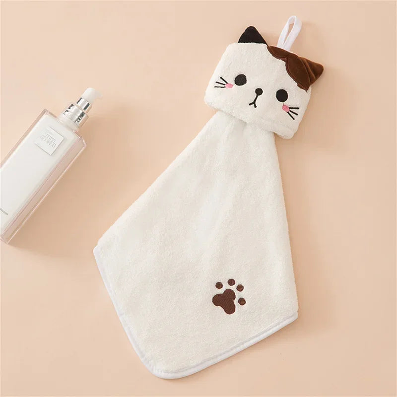 Cute Cat Coral Velvet Hand Towel – Soft Absorbent Hanging Towel for Kitchen & Bathroom