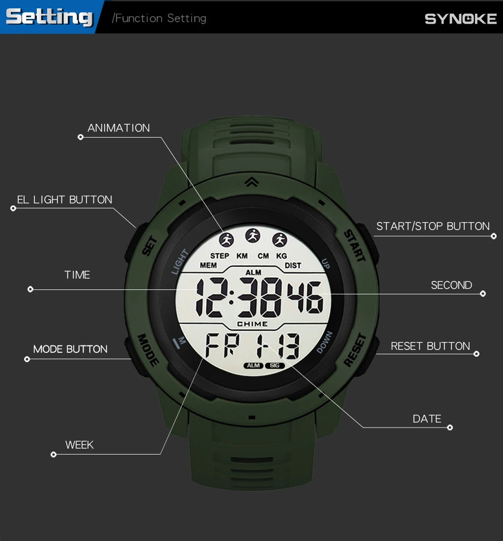 Digital Watches Men Men Numbers Sport Watch 5ATM Waterproof Back Light Round Screen Digital Multifunction Alarm Swimming
