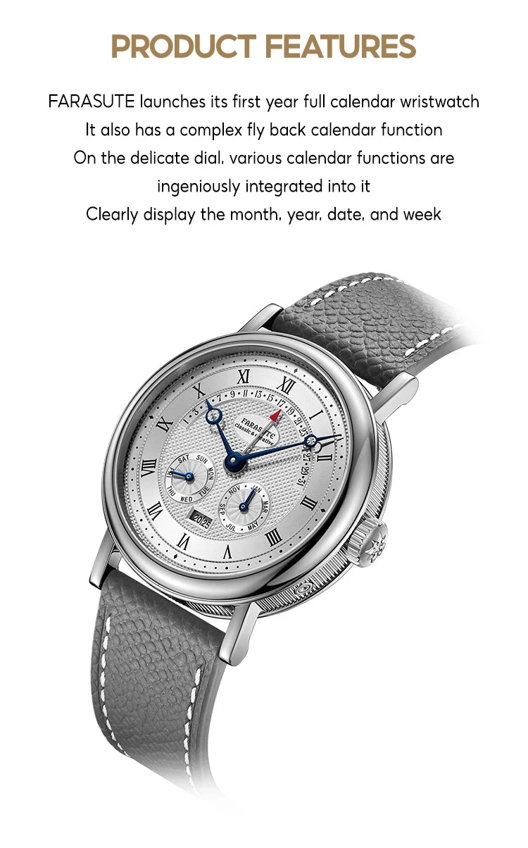 FARASUTE Men's Mechanical Watch Flyback Function Seagull Movement Month Display Week Display Calendar YearDisplay Sapphire Watch
