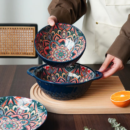 Bohemian Ceramic Tableware Set – Unique Floral Pattern Serving Plate for Home, Camping & Restaurant