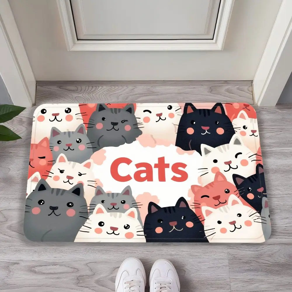 Doormat with cartoon cats design on a wooden floor